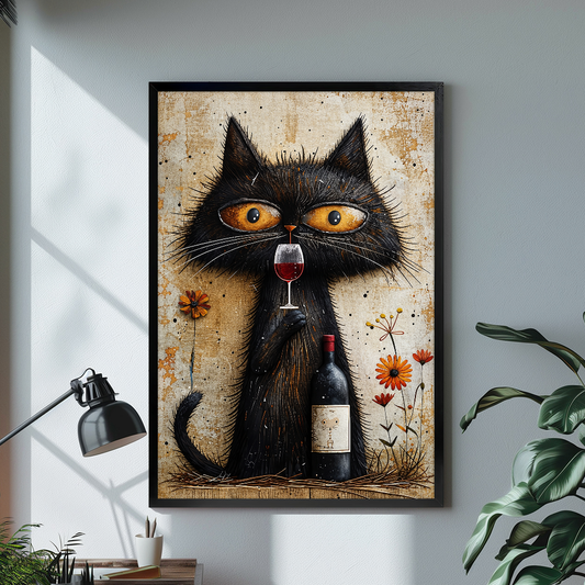 Black framed black cat with wine canvas above a bright desk with lamp and green plant.