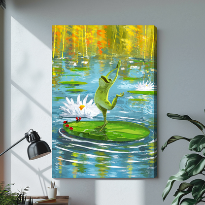 Stretched dancing pond frog canvas above a light desk, showing a shaded wrapped side edge.