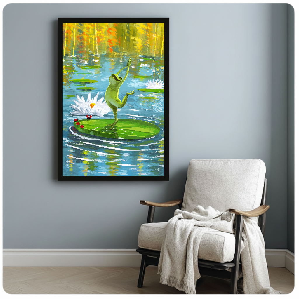 Framed dancing pond frog artwork beside a pale reading chair against a blue-gray wall.