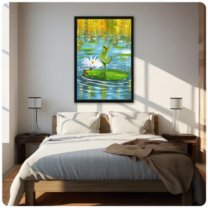 Dancing pond frog canvas above a neutral bed with lamps and soft window light.
