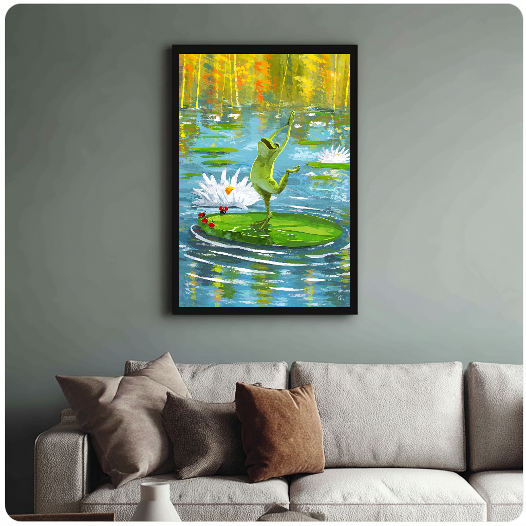 Framed dancing pond frog painting above a sofa with muted cushions against a green-gray wall.