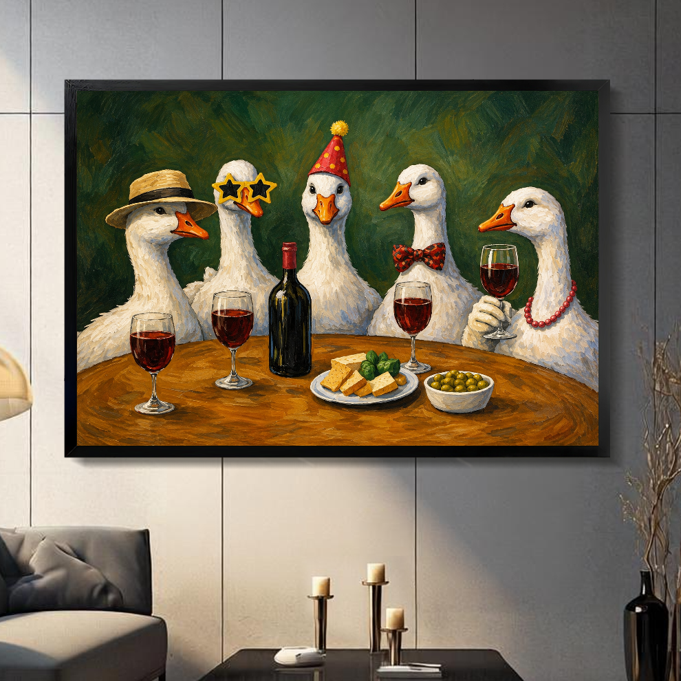 Black framed wine party geese canvas above a console beside a sofa in a paneled room.