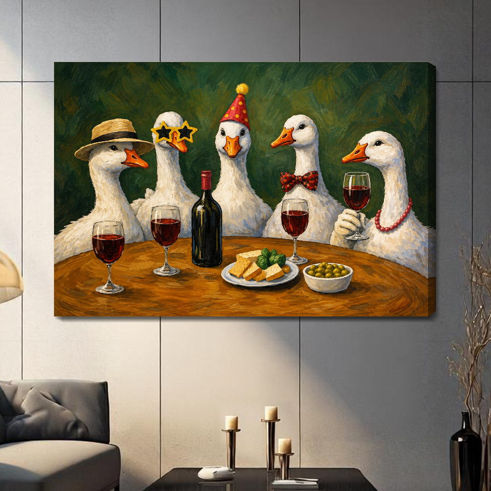 Stretched wine party geese canvas in a paneled living room with a shaded wrapped edge.