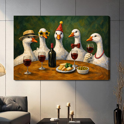 Stretched wine party geese canvas in a paneled living room with a shaded wrapped edge.