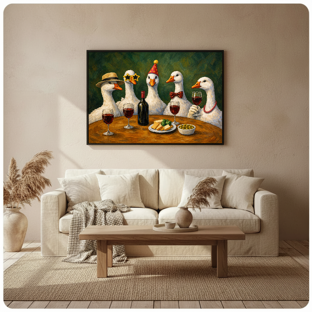 Framed wine party geese artwork above a cream sofa with soft neutral cushions.