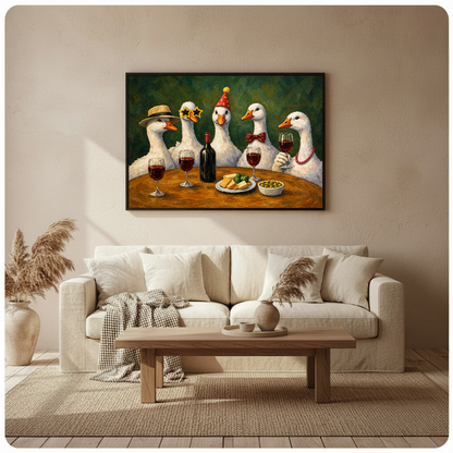 Framed wine party geese artwork above a cream sofa with soft neutral cushions.