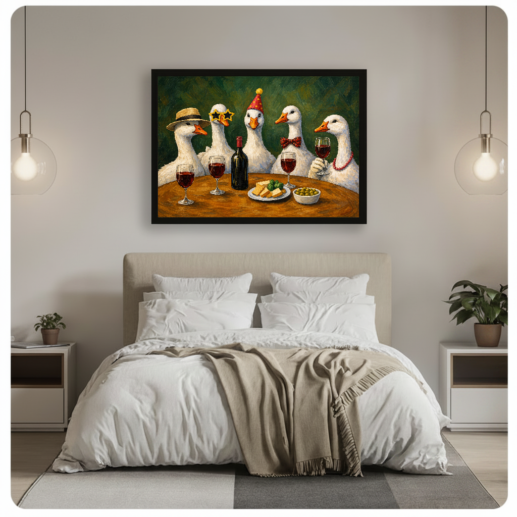 Wine party geese canvas above a neutral double bed with hanging bedside lights.