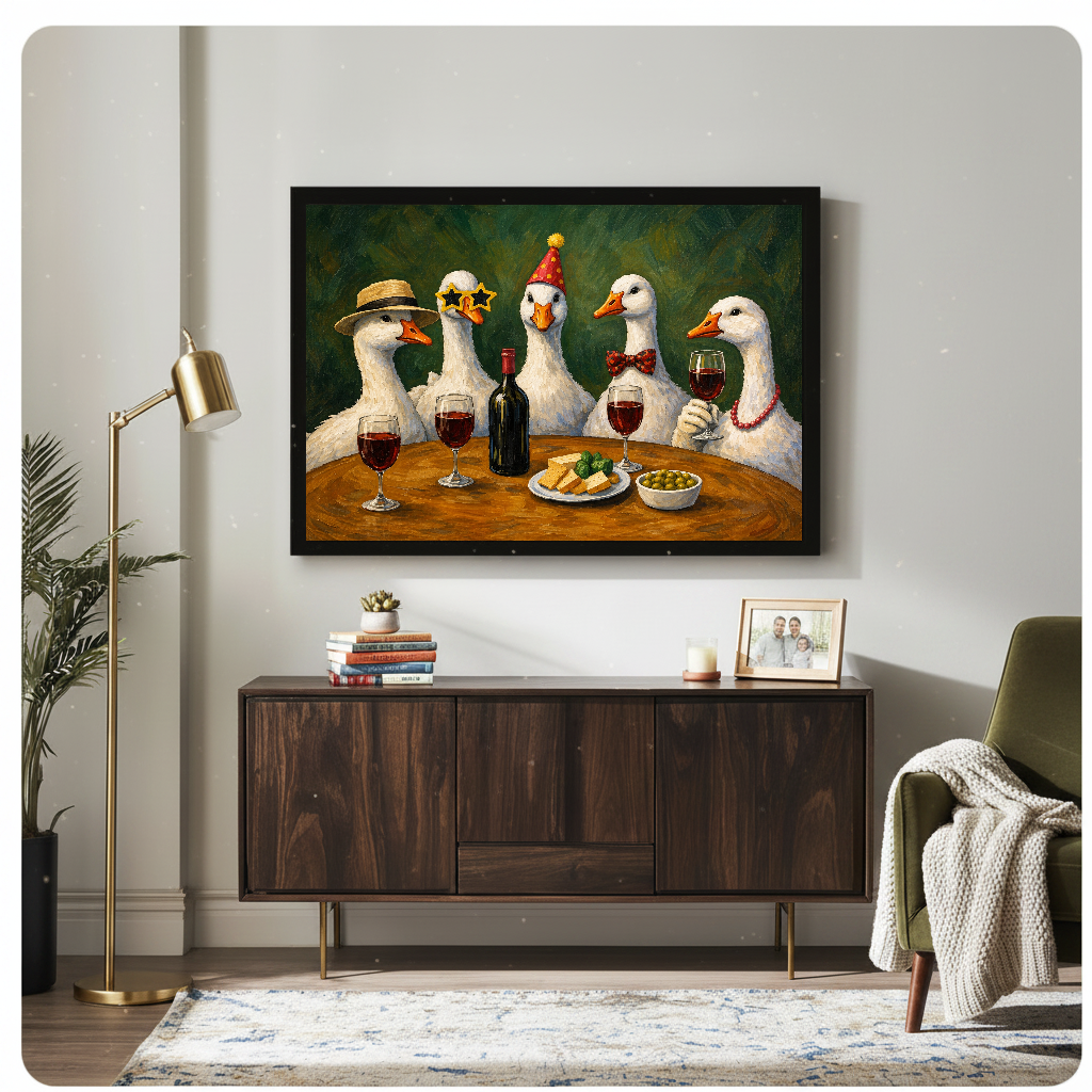 Framed wine party geese artwork above a wooden cabinet beside a gold lamp.