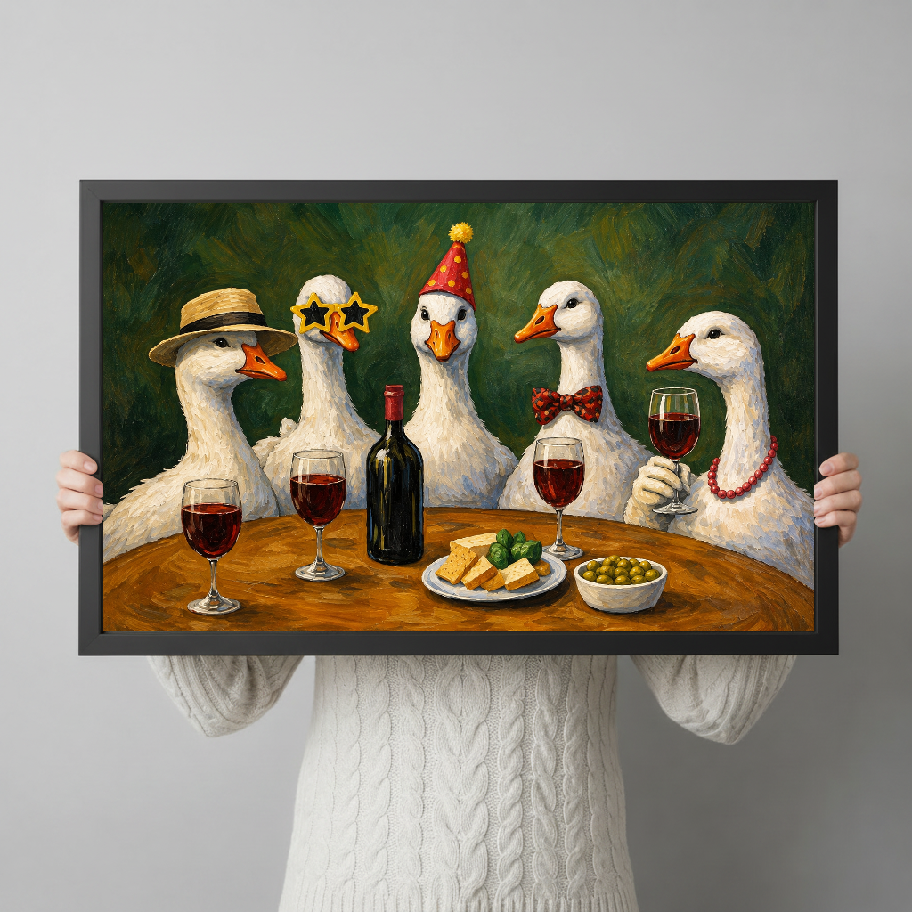 Person holding black framed wine party geese artwork against a plain pale background.