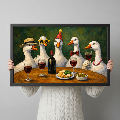 Person holding black framed wine party geese artwork against a plain pale background.