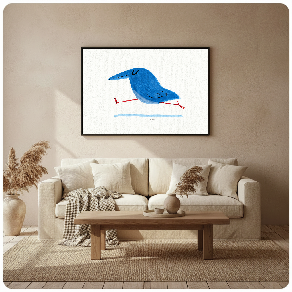 Framed running blue bird artwork above a cream sofa with soft neutral cushions.