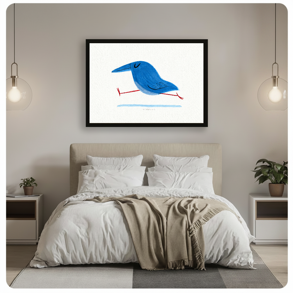 Running blue bird canvas above a neutral double bed with hanging bedside lights.