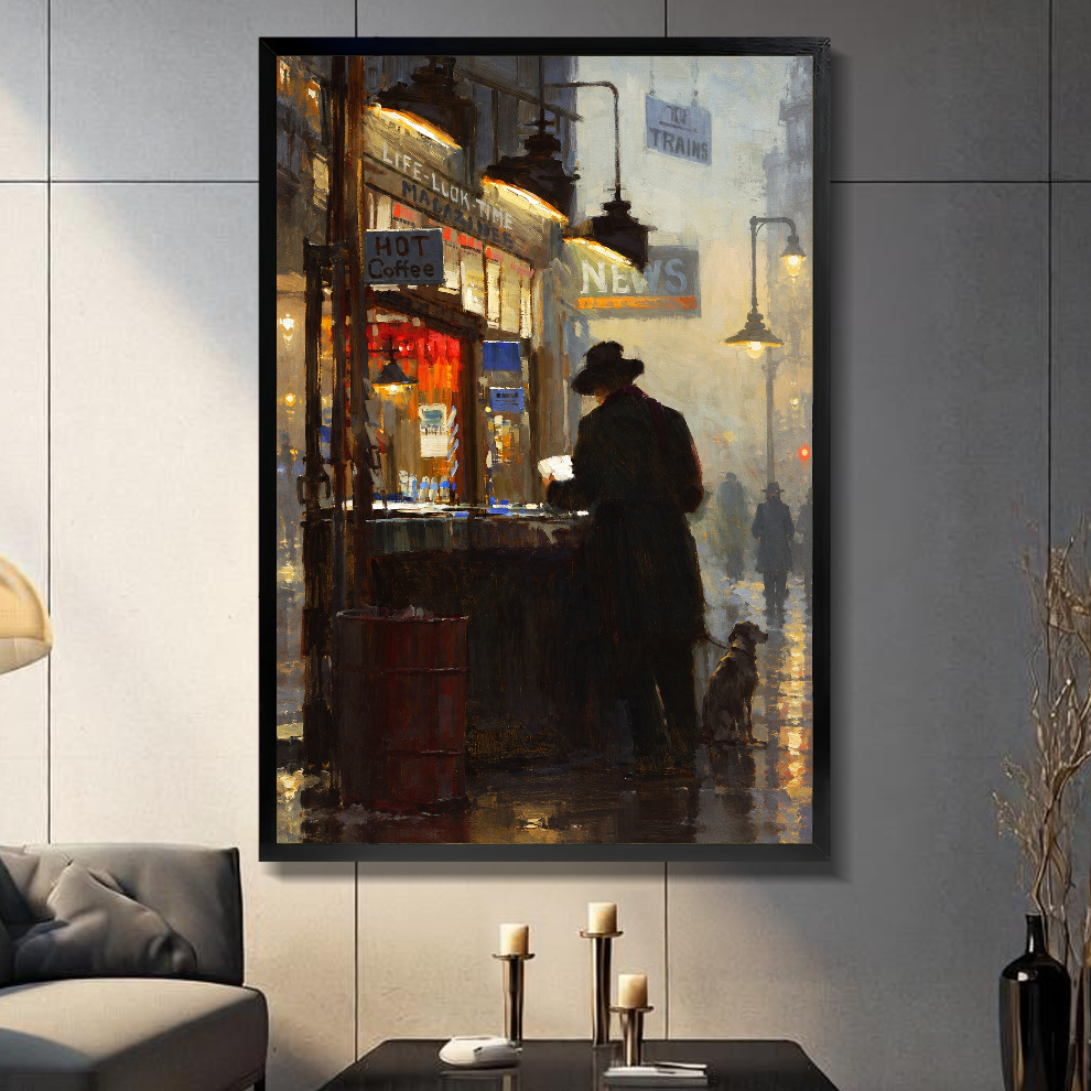 Black framed canvas depicting a reader at a warmly lit newsstand on a gray paneled wall with candles.