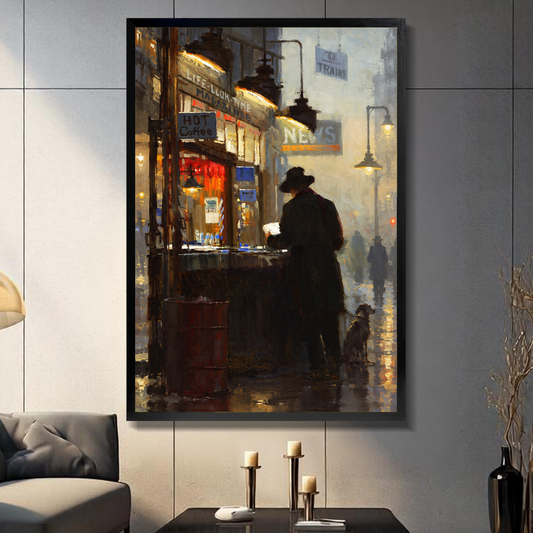 Black framed canvas depicting a reader at a warmly lit newsstand on a gray paneled wall with candles.