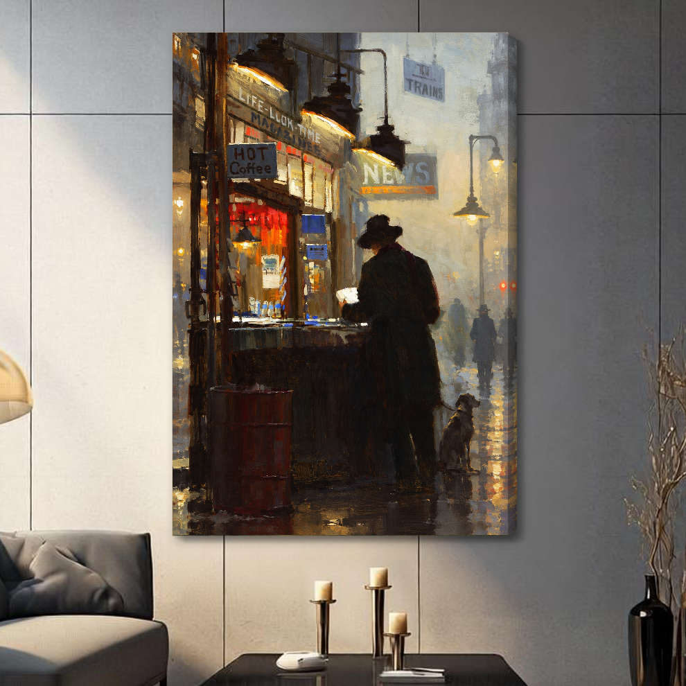 Stretched canvas depicting a reader at a warmly lit newsstand displayed on a gray paneled wall with candles.