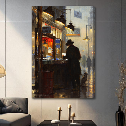 Stretched canvas depicting a reader at a warmly lit newsstand displayed on a gray paneled wall with candles.
