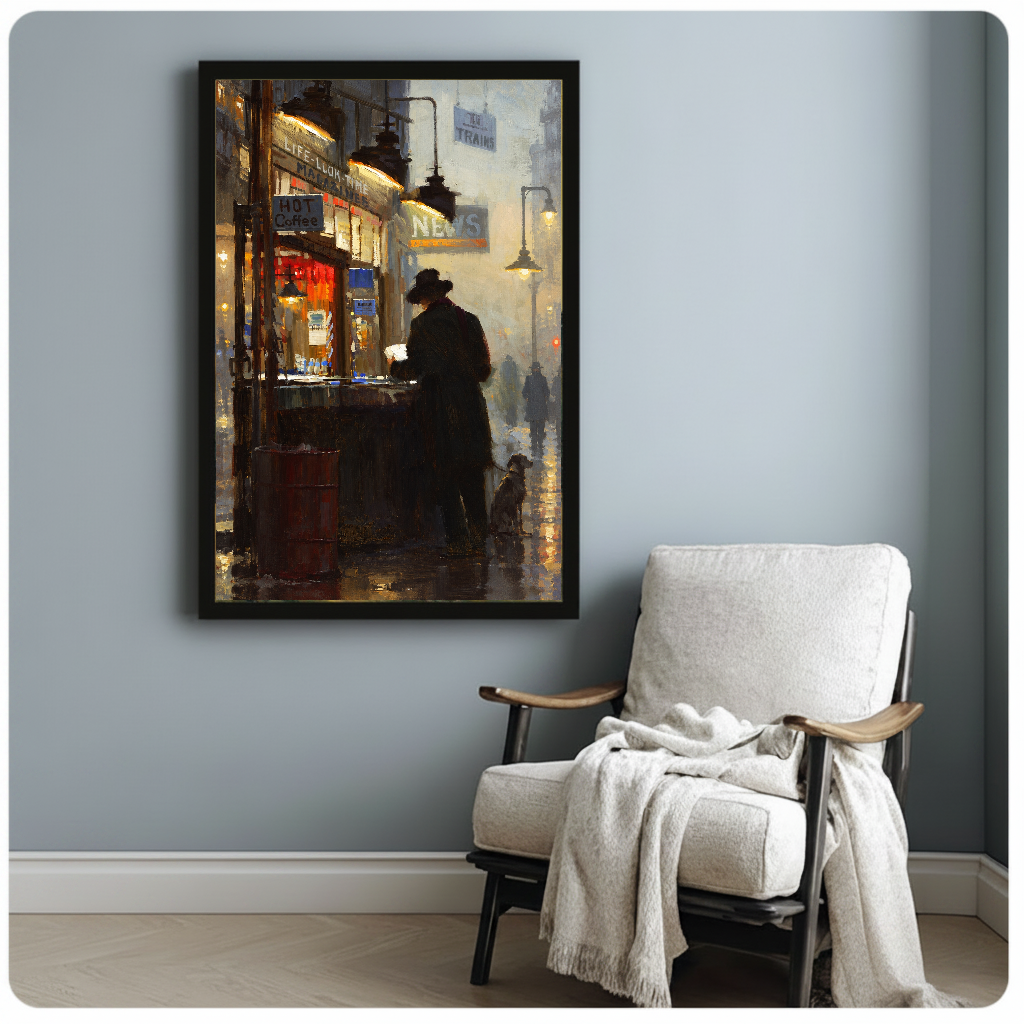 Framed artwork of a reader at a warmly lit newsstand beside a pale reading chair against a gray wall.