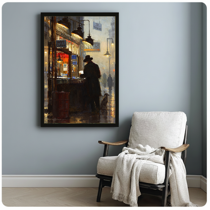 Framed artwork of a reader at a warmly lit newsstand beside a pale reading chair against a gray wall.