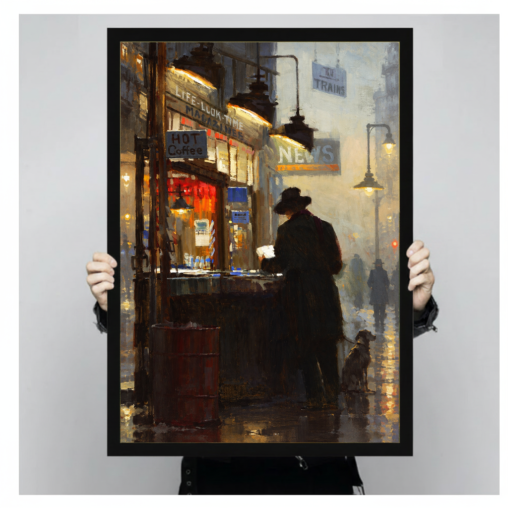 Framed artwork of a reader at a warmly lit newsstand held by a person against a pale backdrop.