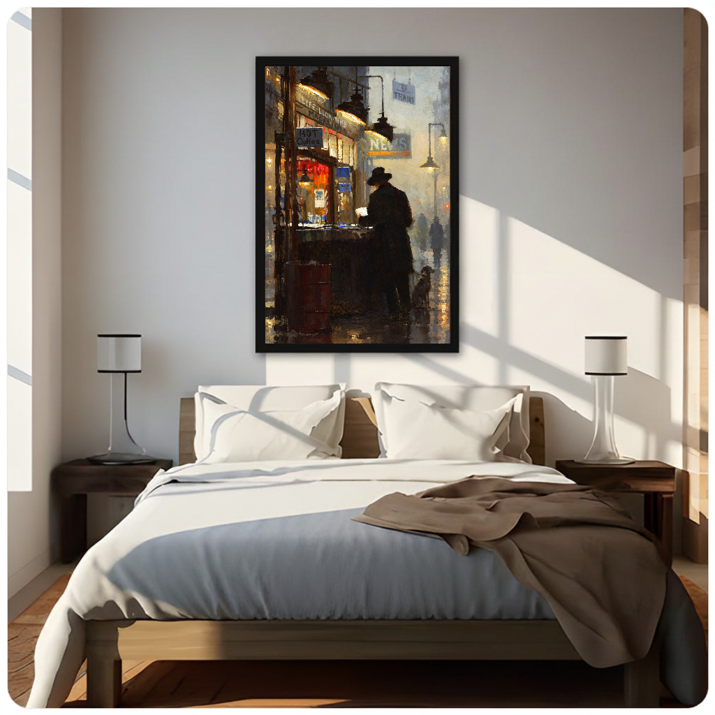 Framed artwork of a reader at a warmly lit newsstand above a neutral bed with bedside lamps.
