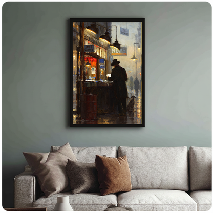 Framed artwork of a reader at a warmly lit newsstand above a sofa with muted cushions.