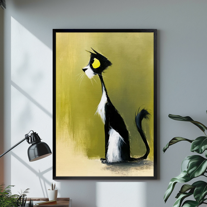 Black framed canvas depicting a black and white cat in profile on a bright desk with a lamp.