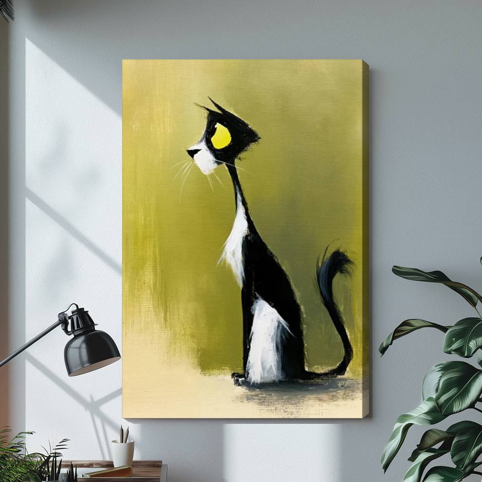 Stretched canvas depicting a black and white cat in profile displayed on a bright desk with a lamp.