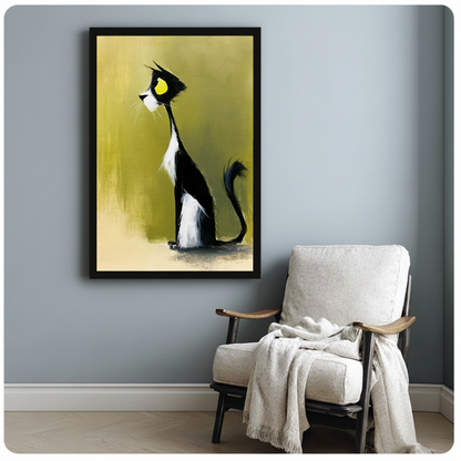 Framed artwork of a black and white cat in profile beside a pale reading chair against a gray wall.