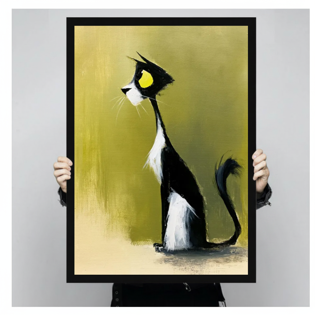 Framed artwork of a black and white cat in profile held by a person against a pale backdrop.