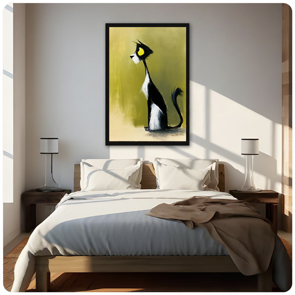 Framed artwork of a black and white cat in profile above a neutral bed between two bedside lamps.