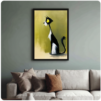 Framed artwork of a black and white cat in profile above a sofa with muted cushions.