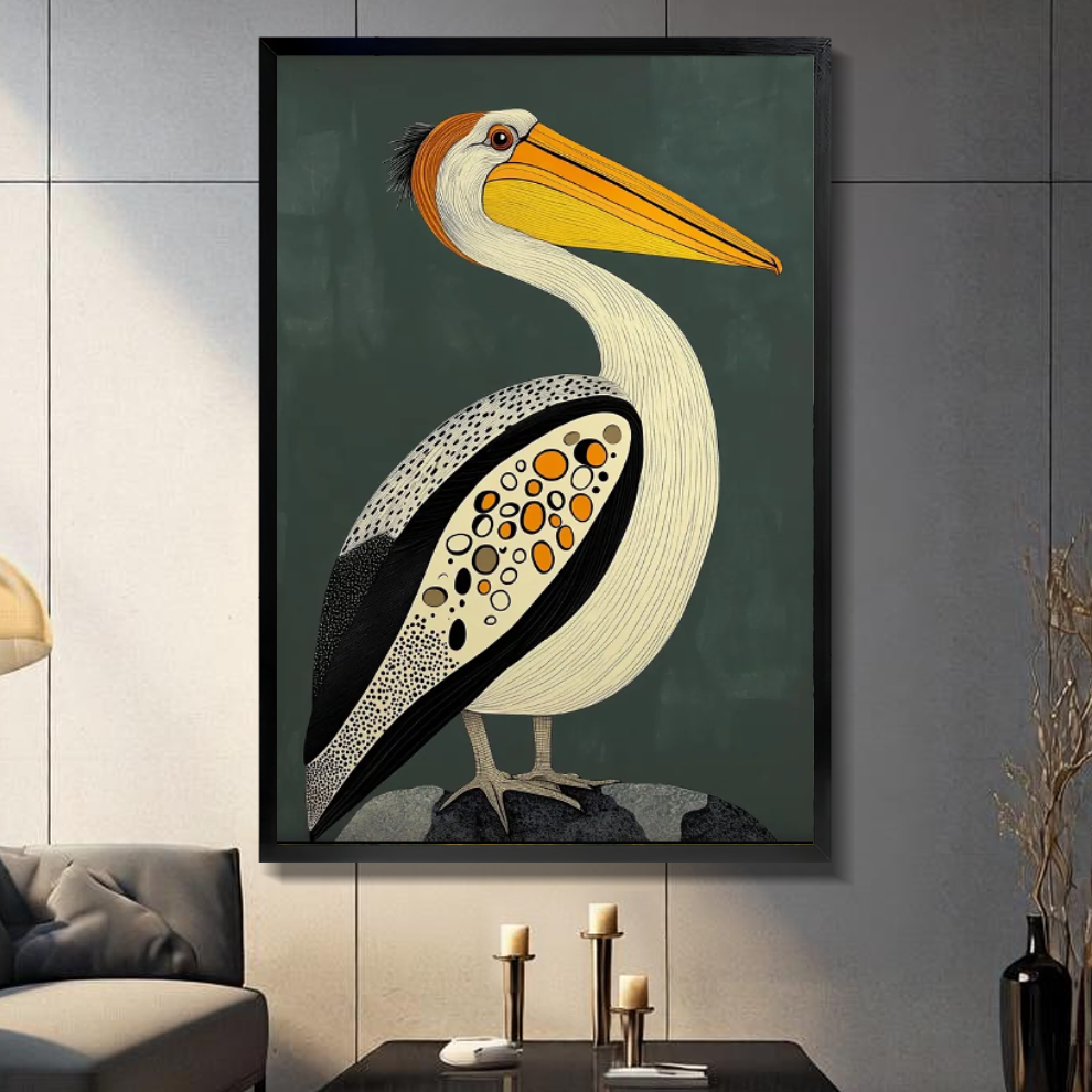 Black framed canvas depicting a patterned pelican with a golden bill on a gray paneled wall with candles.