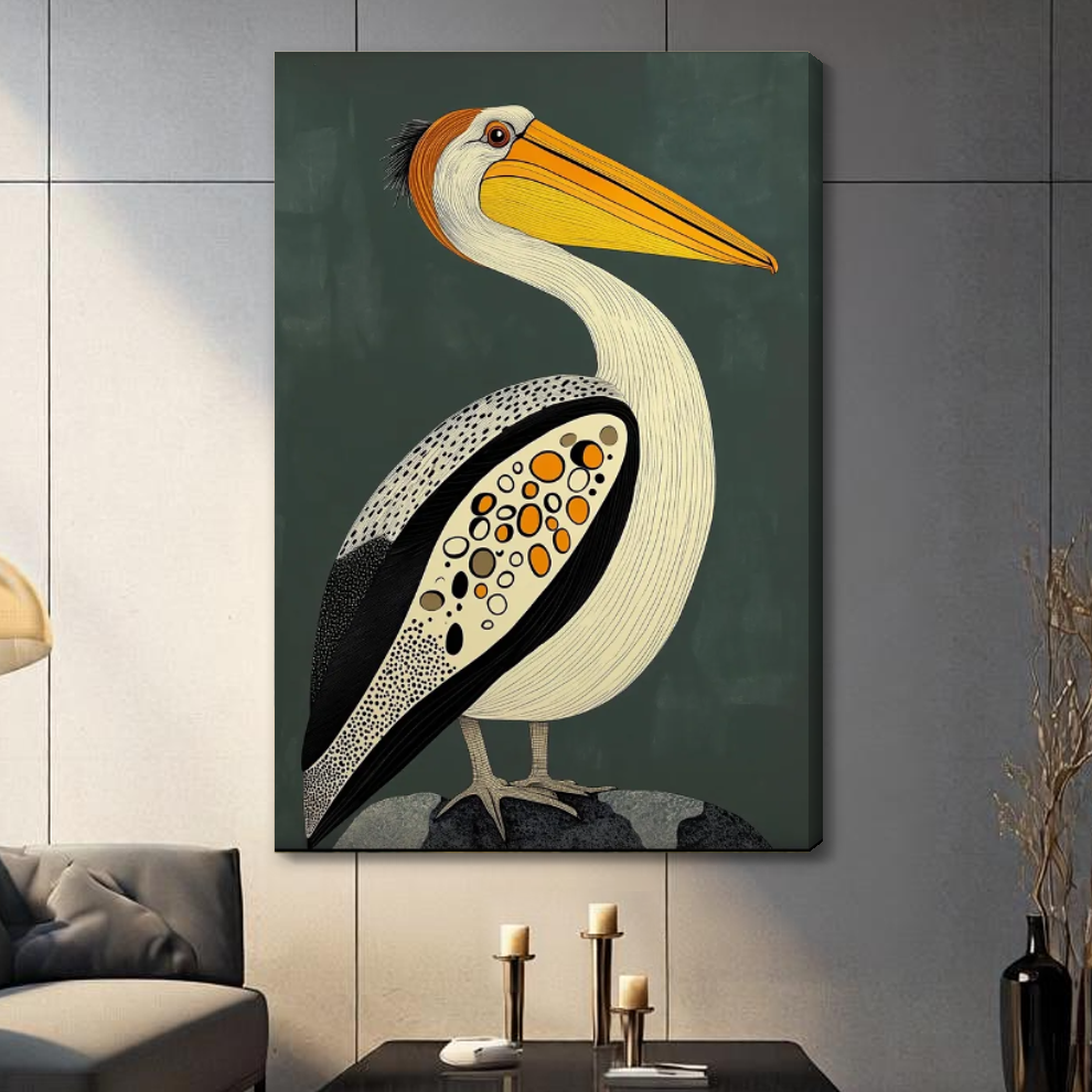 Stretched canvas depicting a patterned pelican with a golden bill displayed on a gray paneled wall with candles.