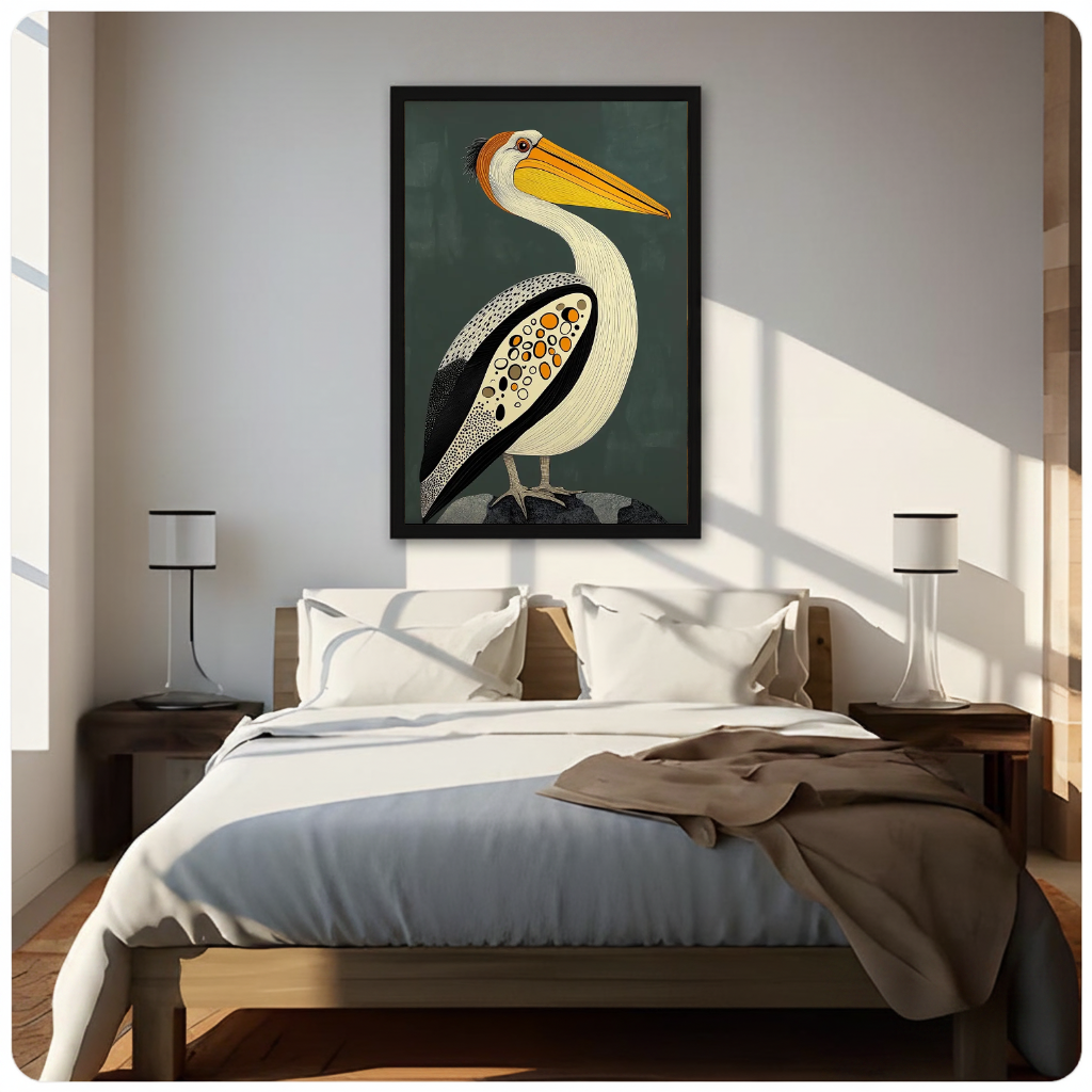 Framed artwork of a patterned pelican with a golden bill above a neutral bed between two bedside lamps.