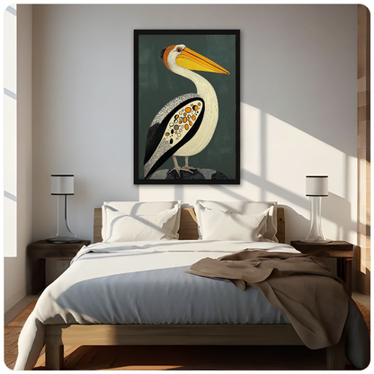 Framed artwork of a patterned pelican with a golden bill above a neutral bed between two bedside lamps.