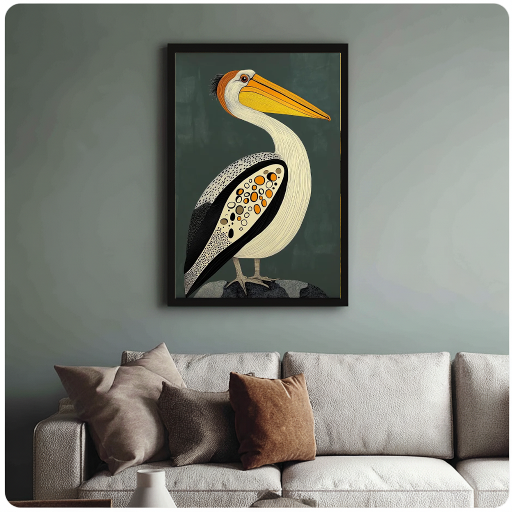 Framed artwork of a patterned pelican with a golden bill above a sofa with muted cushions.