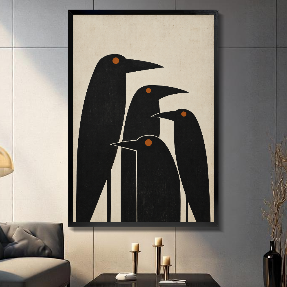 Black framed canvas depicting four minimalist black birds with orange eyes on a gray paneled wall with candles.