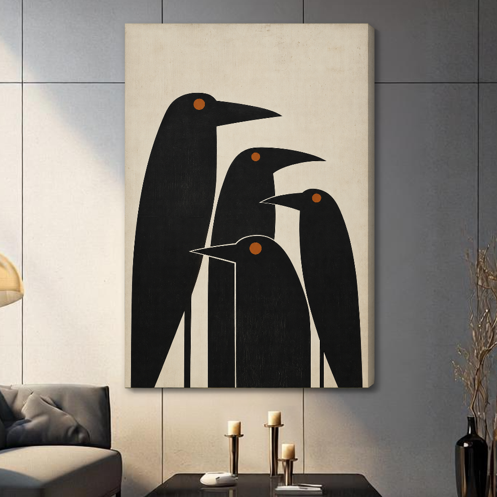Stretched canvas depicting four minimalist black birds with orange eyes displayed on a gray paneled wall with candles.
