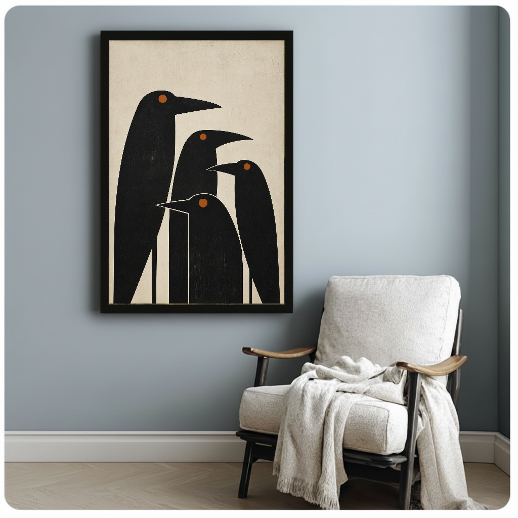 Framed artwork of four minimalist black birds with orange eyes beside a pale reading chair against a gray wall.