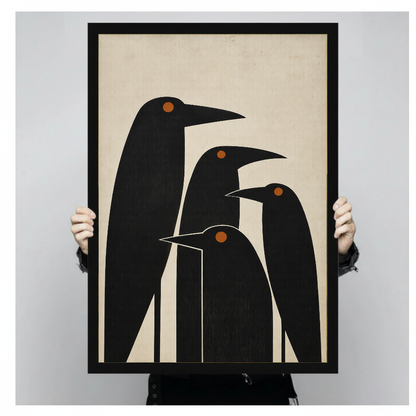 Framed artwork of four minimalist black birds with orange eyes held by a person against a pale backdrop.