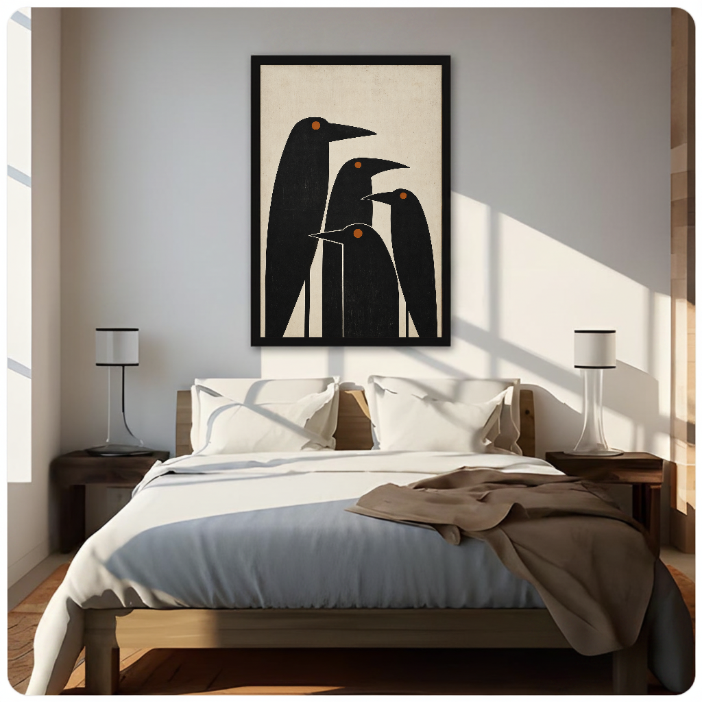 Framed artwork of four minimalist black birds with orange eyes above a neutral bed between two bedside lamps.