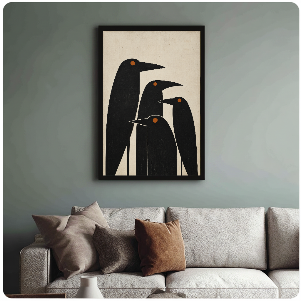 Framed artwork of four minimalist black birds with orange eyes above a sofa with muted cushions.