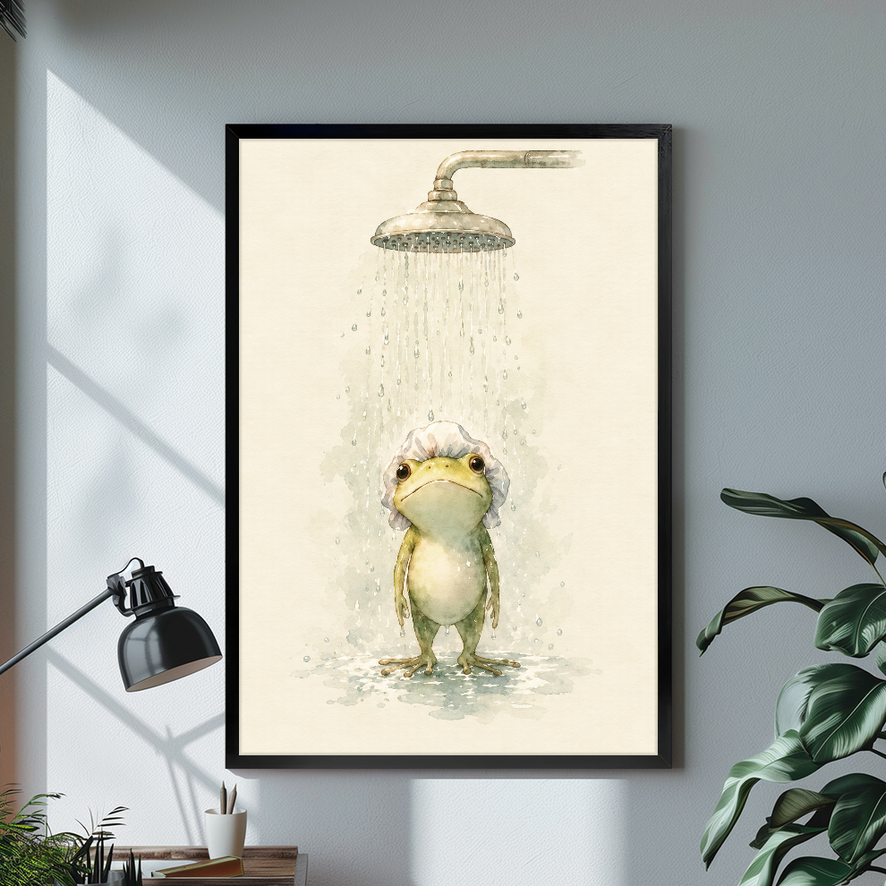 Black framed watercolor shower frog canvas above a bright desk with lamp and green plant.