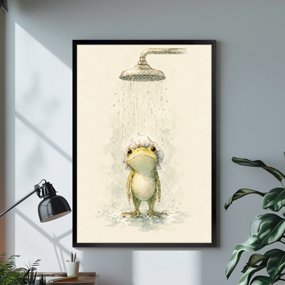 Black framed watercolor shower frog canvas above a bright desk with lamp and green plant.