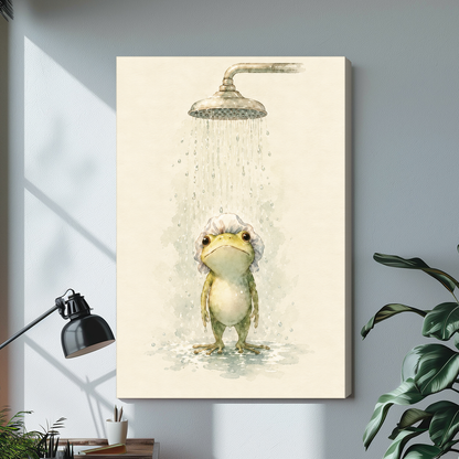 Stretched watercolor shower frog canvas above a light desk, showing a shaded wrapped side edge.