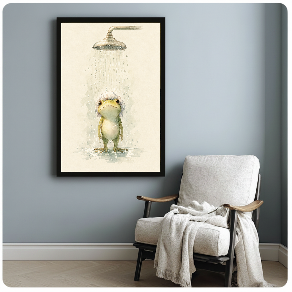 Framed watercolor shower frog artwork beside a pale reading chair against a blue-gray wall.