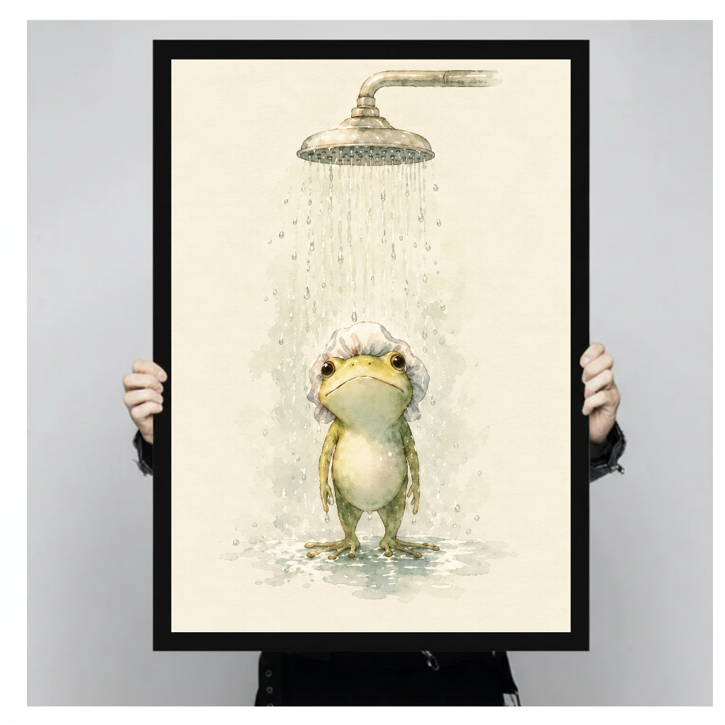Person holding black framed watercolor shower frog artwork against a plain pale background.