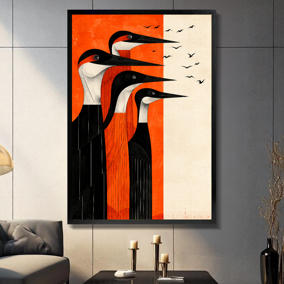 Black framed canvas depicting four long billed black and cream birds on a gray paneled wall with candles.