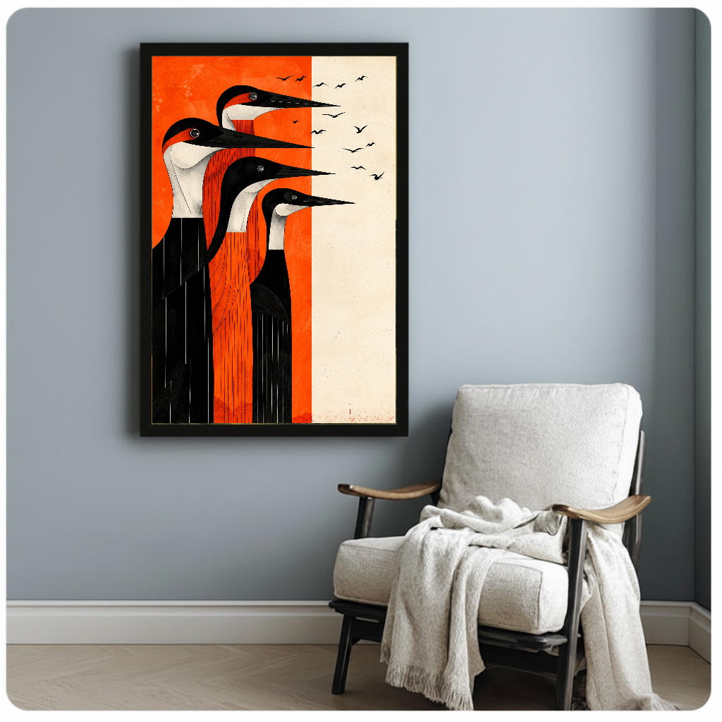 Framed artwork of four long billed black and cream birds beside a pale reading chair against a gray wall.