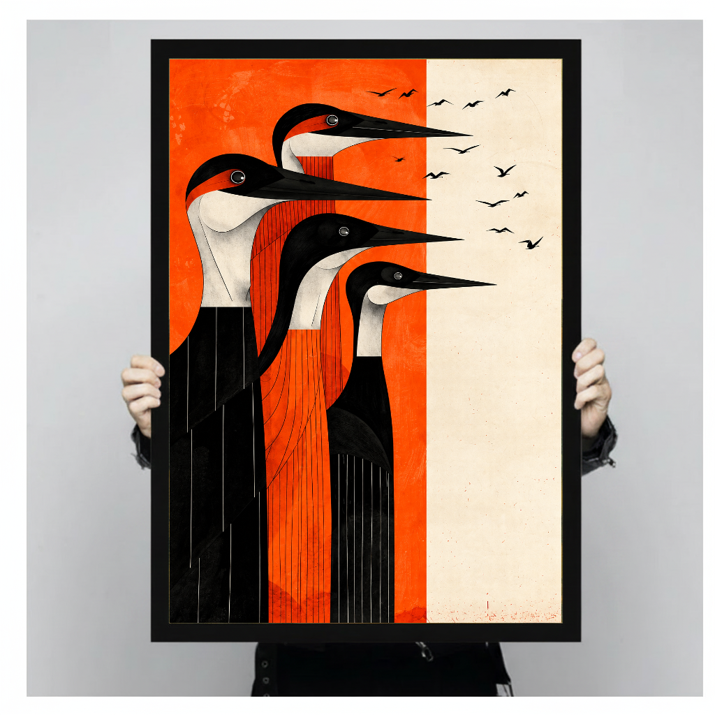 Framed artwork of four long billed black and cream birds held by a person against a pale backdrop.